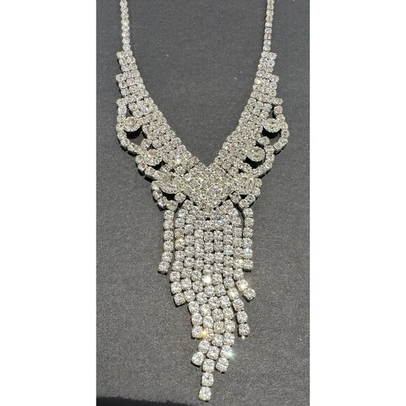 Crystal Fringe Necklace Rhinestone Waterfall Statement Choker Costume Jewelry - Picture 4 of 9